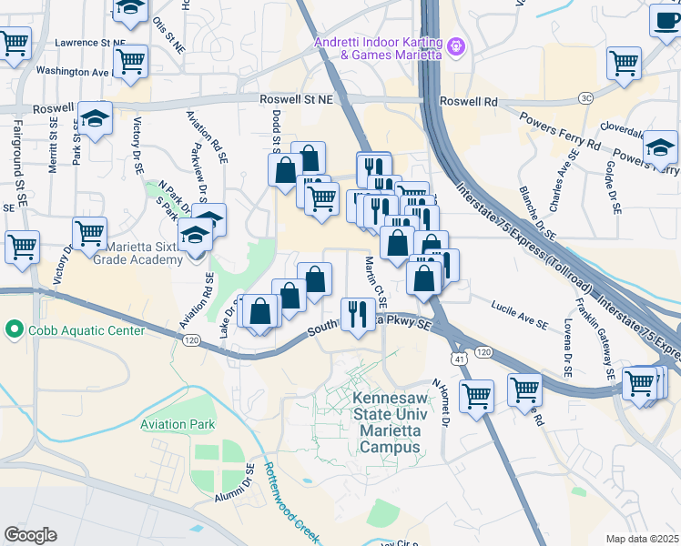 map of restaurants, bars, coffee shops, grocery stores, and more near 340 Bell Street Southeast in Marietta