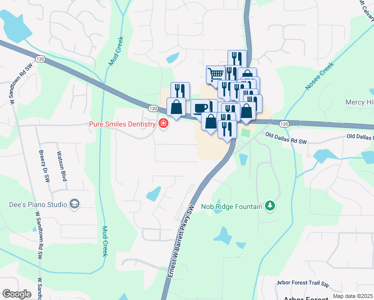 map of restaurants, bars, coffee shops, grocery stores, and more near 2577 Twin Oaks Drive Northwest in Marietta