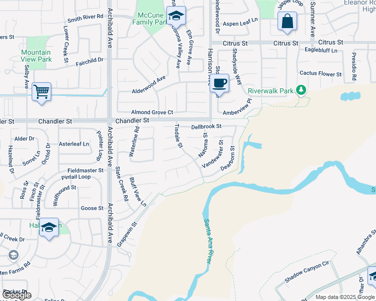 map of restaurants, bars, coffee shops, grocery stores, and more near 13907 San Aliso Court in Corona