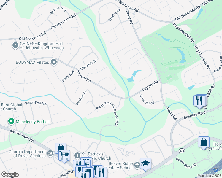 map of restaurants, bars, coffee shops, grocery stores, and more near 4900 Raquet Court in Duluth