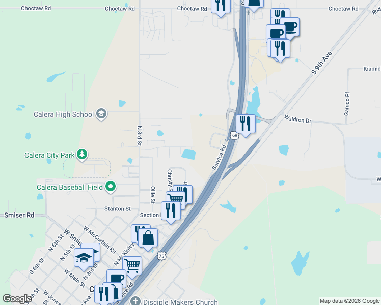 map of restaurants, bars, coffee shops, grocery stores, and more near 302-304 Paula St in Calera