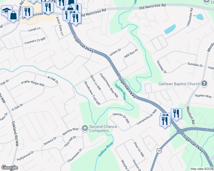 map of restaurants, bars, coffee shops, grocery stores, and more near 523 Fieldstream Way Northwest in Lawrenceville