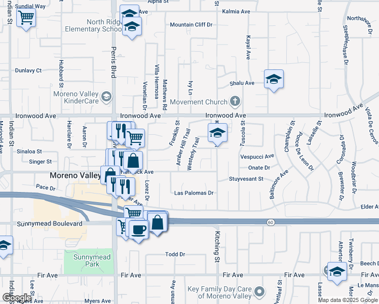 map of restaurants, bars, coffee shops, grocery stores, and more near 12215 Westerly Trail in Moreno Valley