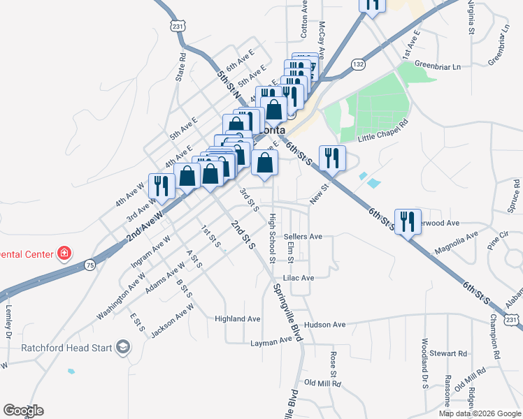 map of restaurants, bars, coffee shops, grocery stores, and more near 213 Adams Avenue East in Oneonta