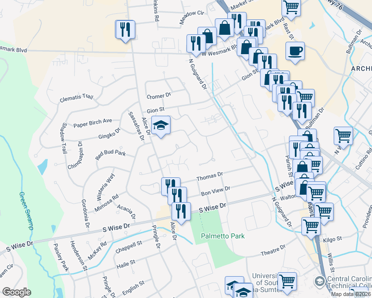 map of restaurants, bars, coffee shops, grocery stores, and more near 910 Arnaud Street in Sumter