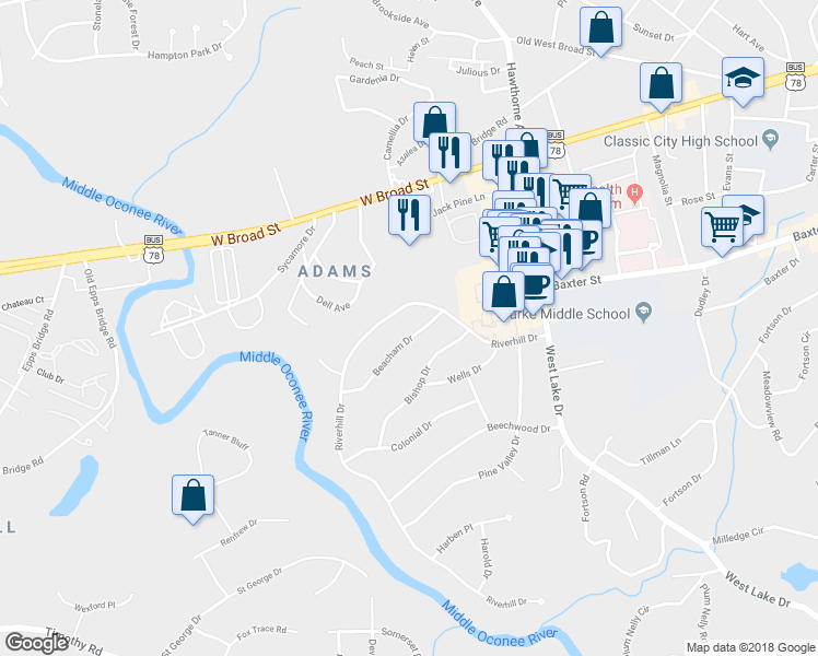 map of restaurants, bars, coffee shops, grocery stores, and more near 112 Beacham Drive in Athens