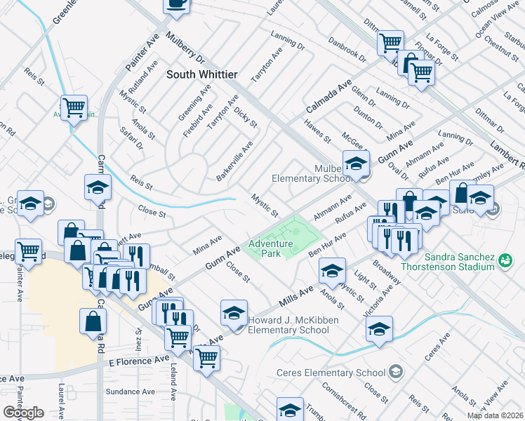 map of restaurants, bars, coffee shops, grocery stores, and more near 13814 Mystic Street in Whittier