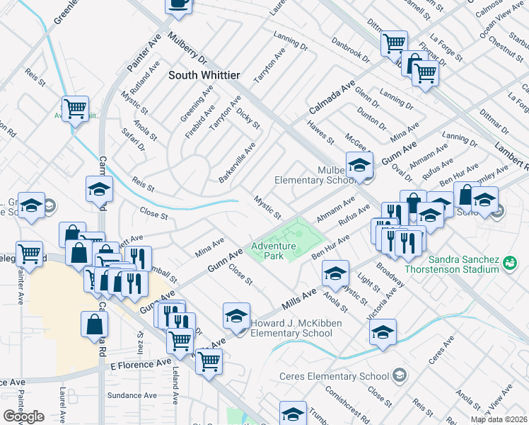map of restaurants, bars, coffee shops, grocery stores, and more near 13814 Mystic Street in Whittier