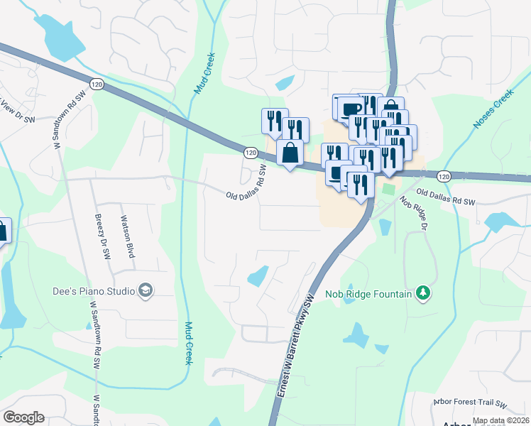map of restaurants, bars, coffee shops, grocery stores, and more near 2620 Big Oaks Drive in Marietta