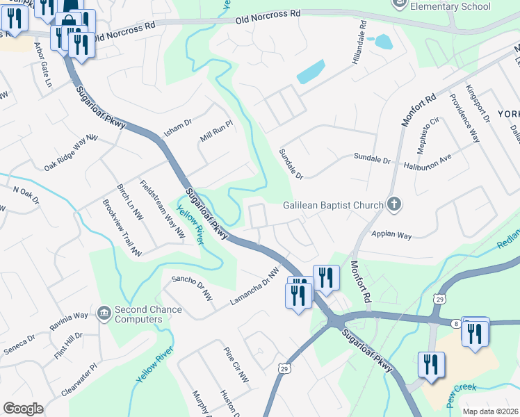 map of restaurants, bars, coffee shops, grocery stores, and more near 1626 River Main Court in Lawrenceville