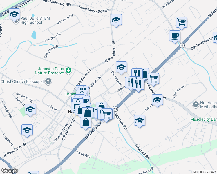 map of restaurants, bars, coffee shops, grocery stores, and more near 345 Lawrenceville Street Northwest in Norcross