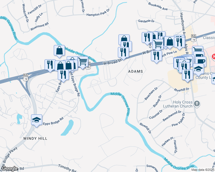 map of restaurants, bars, coffee shops, grocery stores, and more near 195 Sycamore Drive in Athens