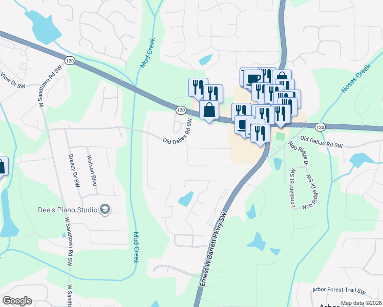 map of restaurants, bars, coffee shops, grocery stores, and more near 2637 Twin Oaks Drive Northwest in Marietta