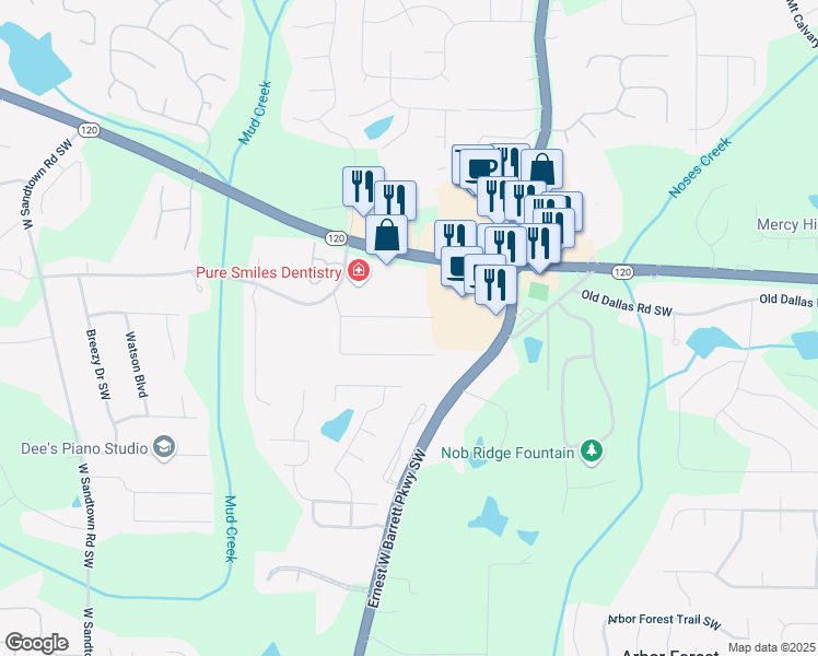 map of restaurants, bars, coffee shops, grocery stores, and more near 2577 Twin Oaks Drive Northwest in Marietta