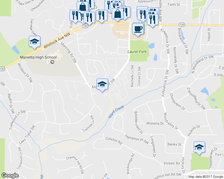 map of restaurants, bars, coffee shops, grocery stores, and more near 846 Manning Villas Court in Marietta