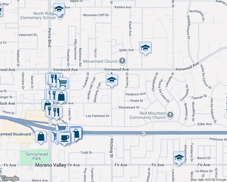 map of restaurants, bars, coffee shops, grocery stores, and more near 25501 Sand Creek Trail in Moreno Valley
