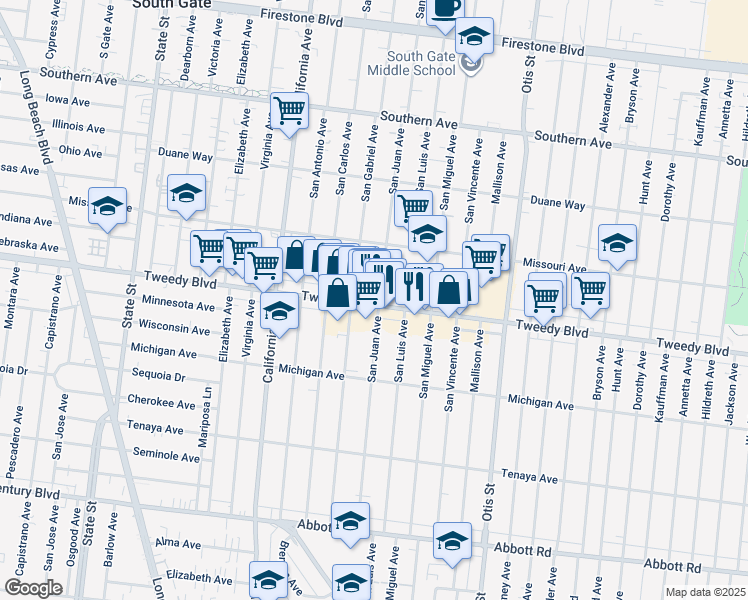 map of restaurants, bars, coffee shops, grocery stores, and more near 3841 Tweedy Boulevard in South Gate