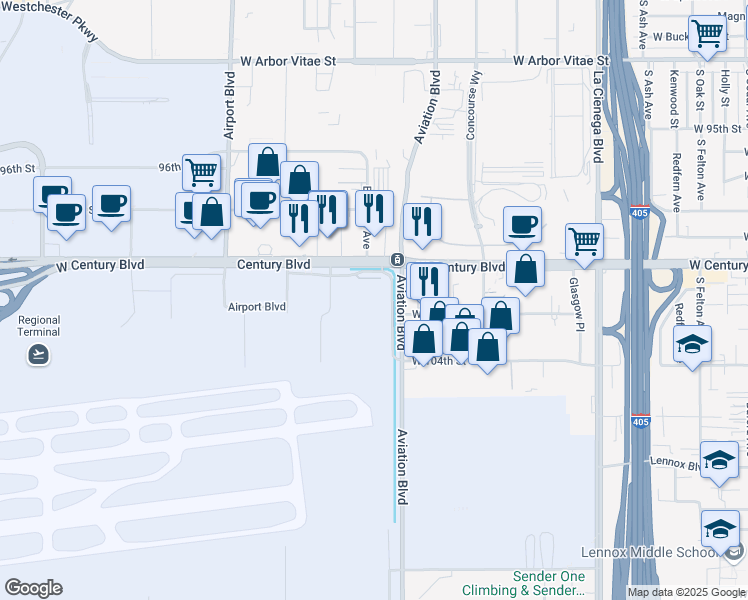 map of restaurants, bars, coffee shops, grocery stores, and more near 5600 West Century Boulevard in Los Angeles