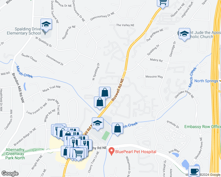 map of restaurants, bars, coffee shops, grocery stores, and more near 6940 Roswell Road in Sandy Springs