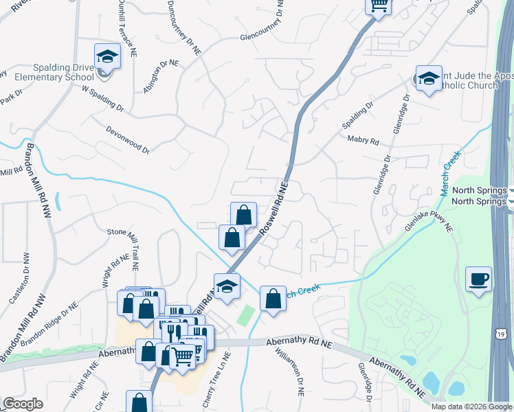 map of restaurants, bars, coffee shops, grocery stores, and more near 6940 Roswell Road in Sandy Springs