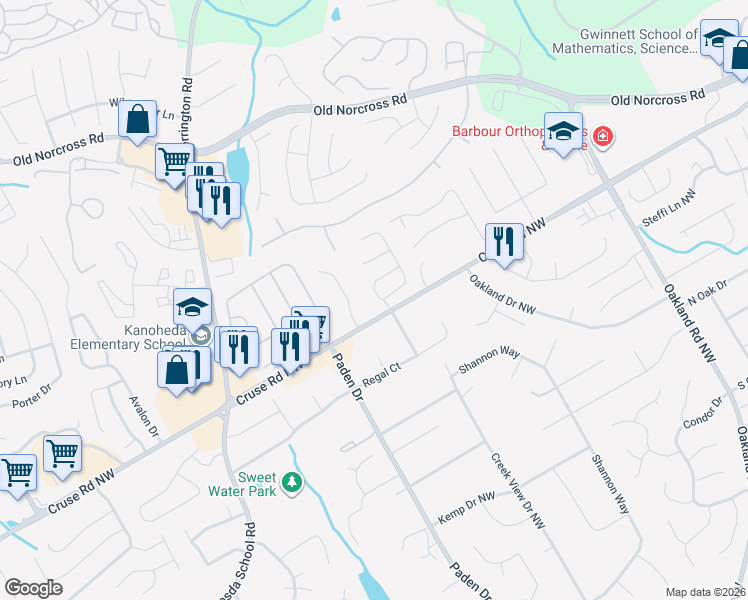 map of restaurants, bars, coffee shops, grocery stores, and more near 939 Regency Drive Northwest in Lawrenceville