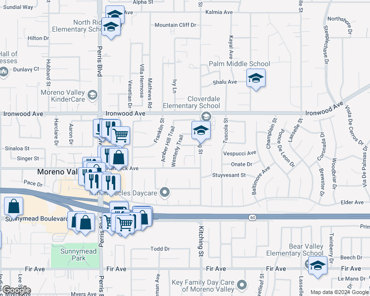 map of restaurants, bars, coffee shops, grocery stores, and more near 25417 Sand Creek Trail in Moreno Valley
