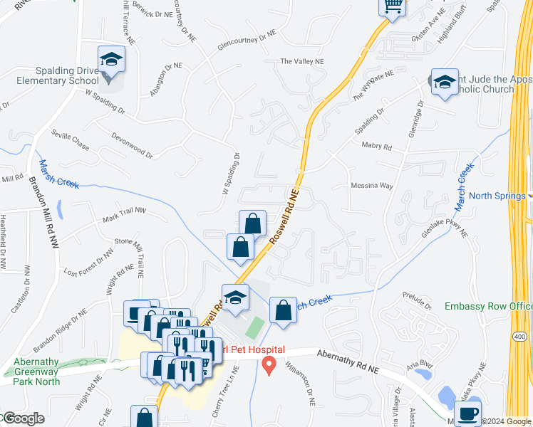map of restaurants, bars, coffee shops, grocery stores, and more near 6940 Roswell Road in Sandy Springs