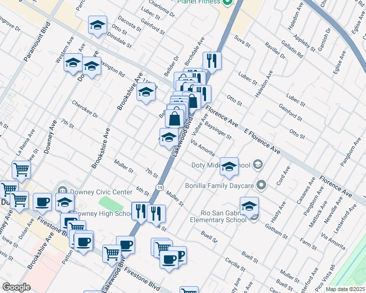 map of restaurants, bars, coffee shops, grocery stores, and more near 10421 Vultee Avenue in Downey