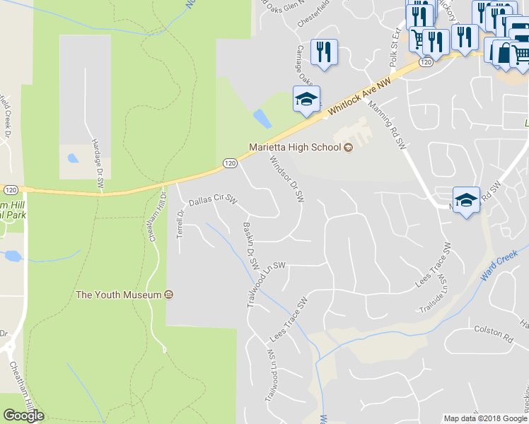 map of restaurants, bars, coffee shops, grocery stores, and more near 1430 Dallas Circle Southwest in Marietta