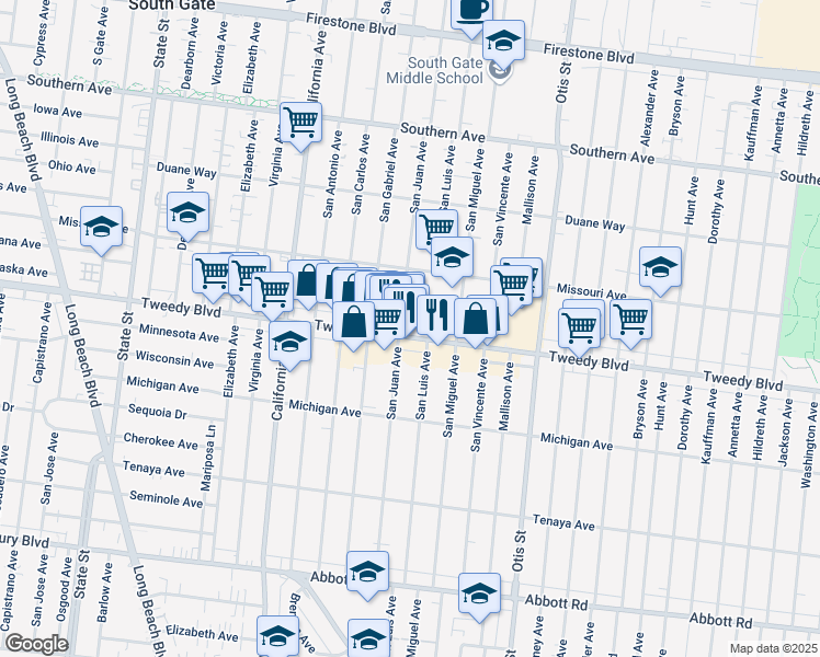 map of restaurants, bars, coffee shops, grocery stores, and more near 9916 San Juan Avenue in South Gate