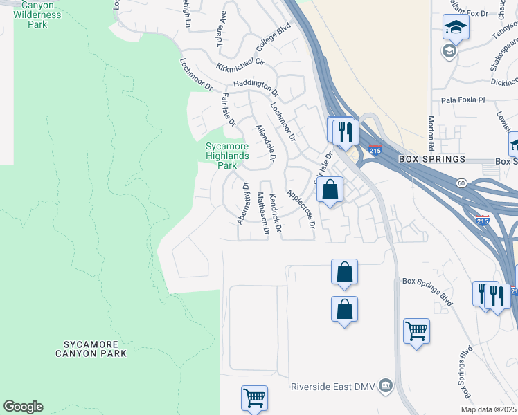 map of restaurants, bars, coffee shops, grocery stores, and more near 1429 Lovat Court in Riverside