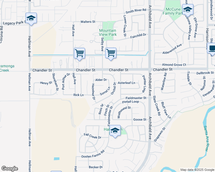 map of restaurants, bars, coffee shops, grocery stores, and more near 7955 Sorrel Lane in Eastvale