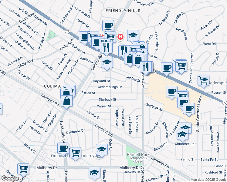 map of restaurants, bars, coffee shops, grocery stores, and more near 15209 Cullen Street in Whittier