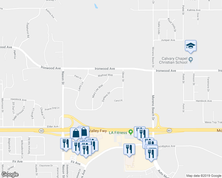 map of restaurants, bars, coffee shops, grocery stores, and more near 27426 Darlene Drive in Moreno Valley