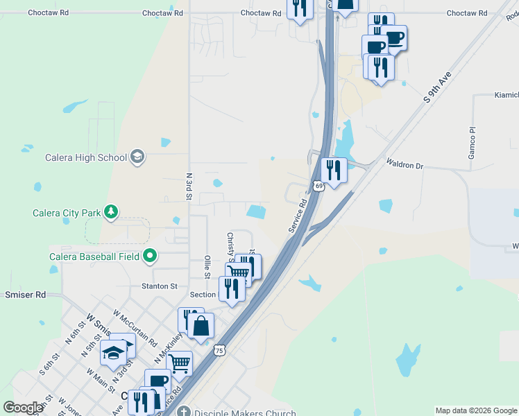 map of restaurants, bars, coffee shops, grocery stores, and more near 302-304 Paula St in Calera