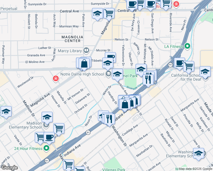 map of restaurants, bars, coffee shops, grocery stores, and more near 3592 Harding Street in Riverside