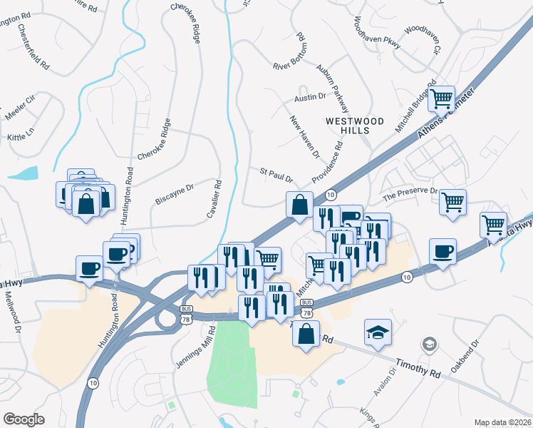 map of restaurants, bars, coffee shops, grocery stores, and more near 140 Providence Road in Athens