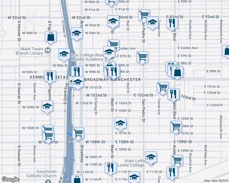 map of restaurants, bars, coffee shops, grocery stores, and more near 10206 South Main Street in Los Angeles