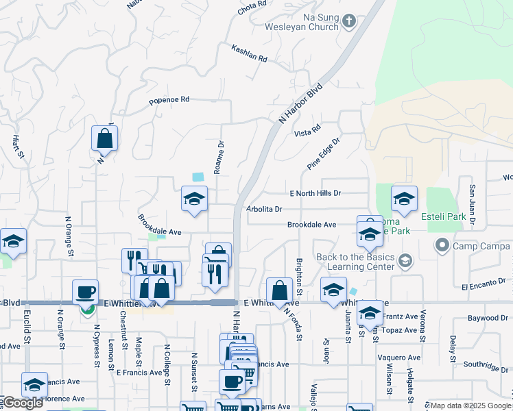 map of restaurants, bars, coffee shops, grocery stores, and more near 1241 Arbolita Drive in La Habra