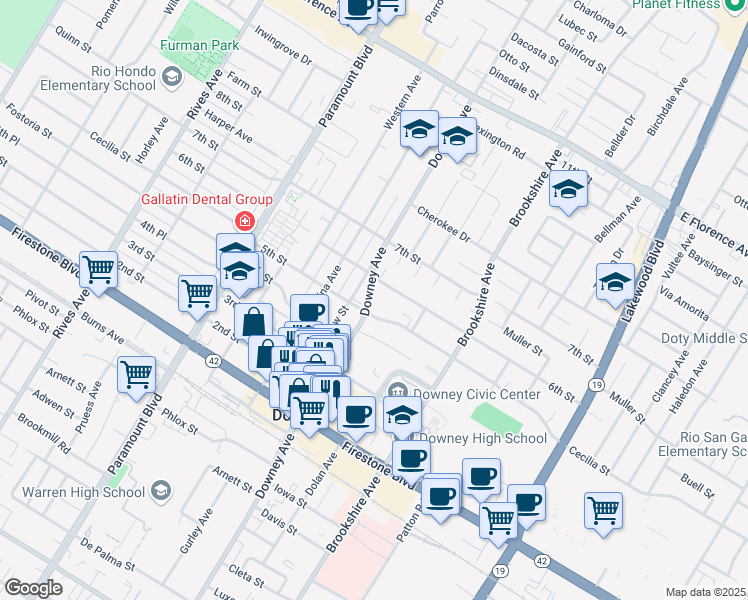 map of restaurants, bars, coffee shops, grocery stores, and more near 10700 Downey Avenue in Downey