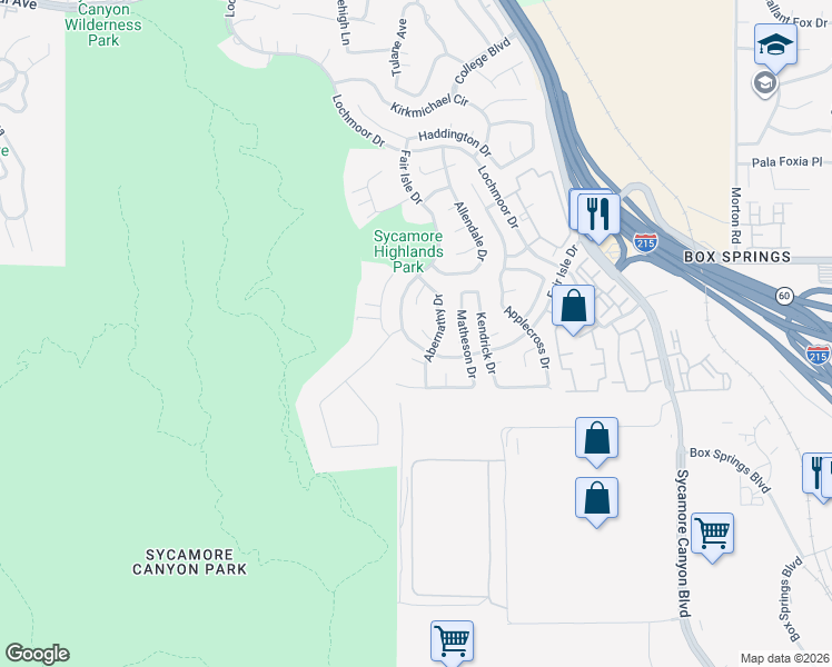 map of restaurants, bars, coffee shops, grocery stores, and more near 1379 Withorn Court in Riverside