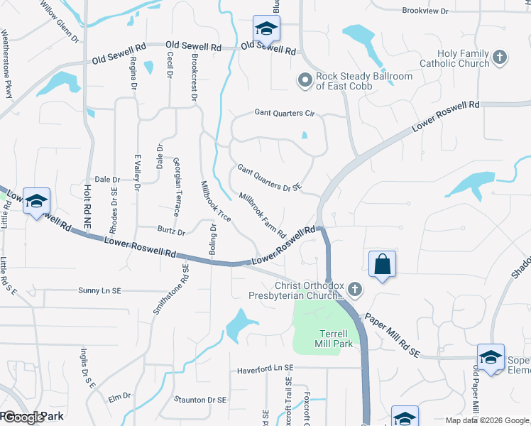 map of restaurants, bars, coffee shops, grocery stores, and more near 275 Millbrook Farm Road in Marietta