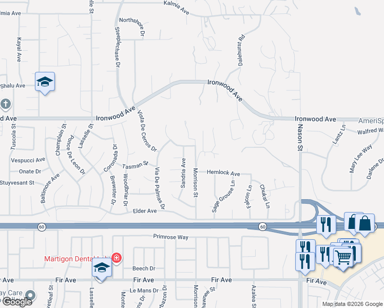 map of restaurants, bars, coffee shops, grocery stores, and more near 12240 Sandria Avenue in Moreno Valley