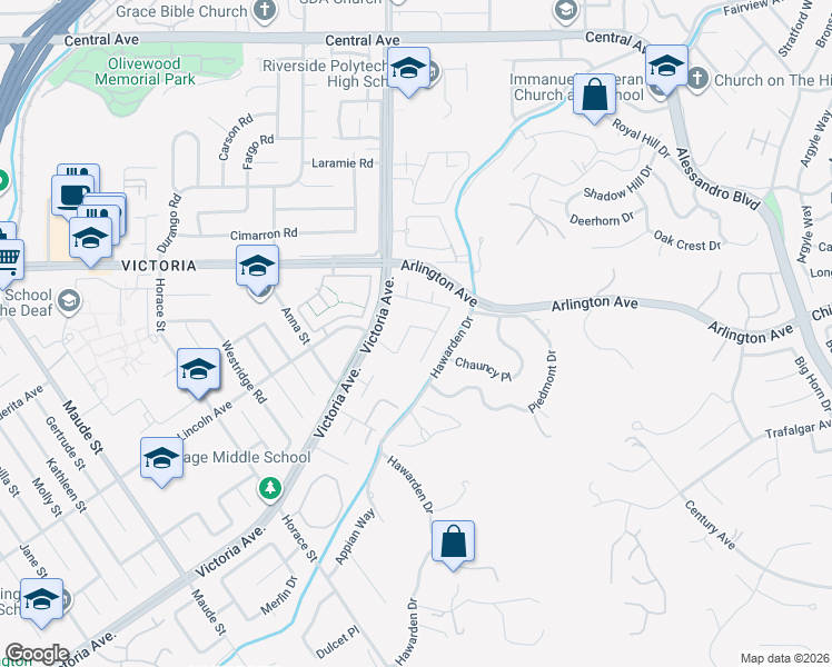 map of restaurants, bars, coffee shops, grocery stores, and more near 5947 Copperfield Avenue in Riverside