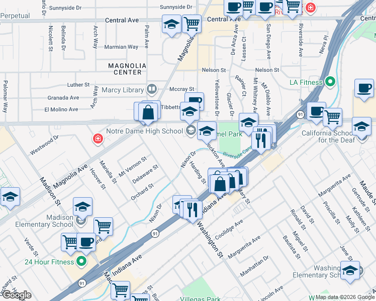 map of restaurants, bars, coffee shops, grocery stores, and more near 3592 Harding Street in Riverside