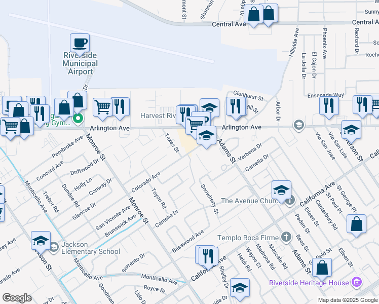 map of restaurants, bars, coffee shops, grocery stores, and more near 8426 Colorado Avenue in Riverside