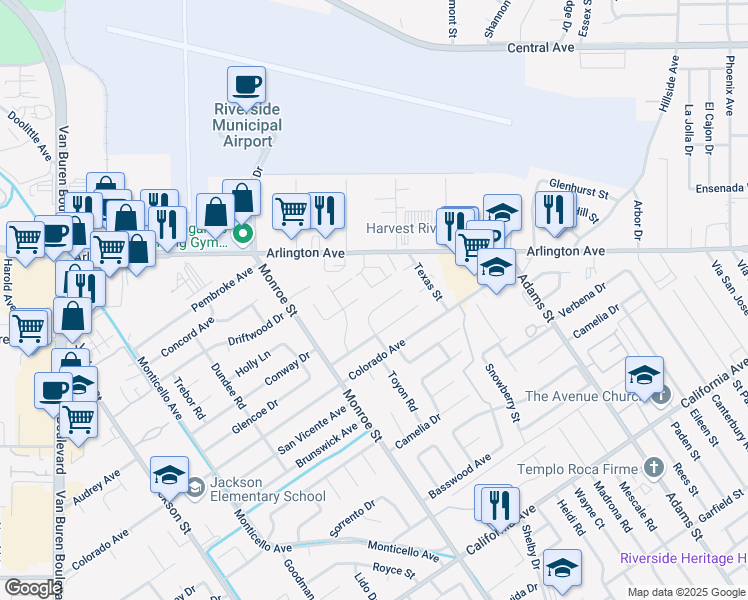 map of restaurants, bars, coffee shops, grocery stores, and more near 8603 Conway Drive in Riverside