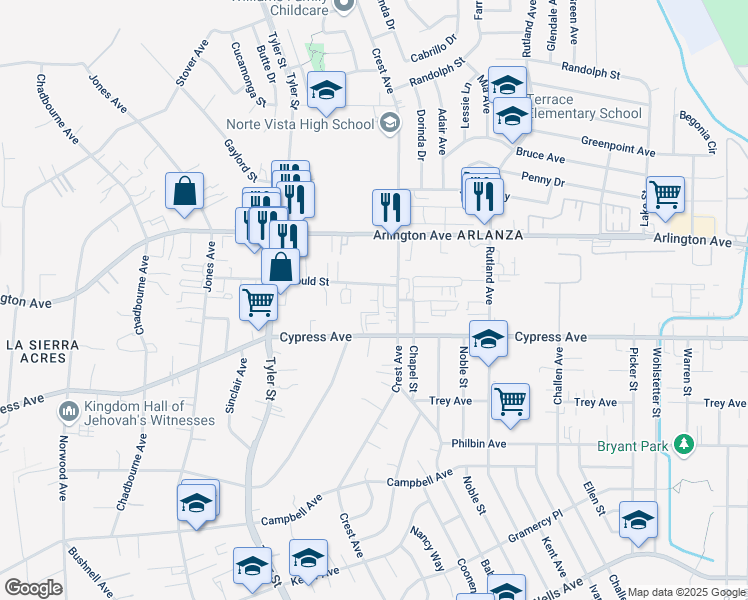 map of restaurants, bars, coffee shops, grocery stores, and more near 10057 Cypress Avenue in Riverside
