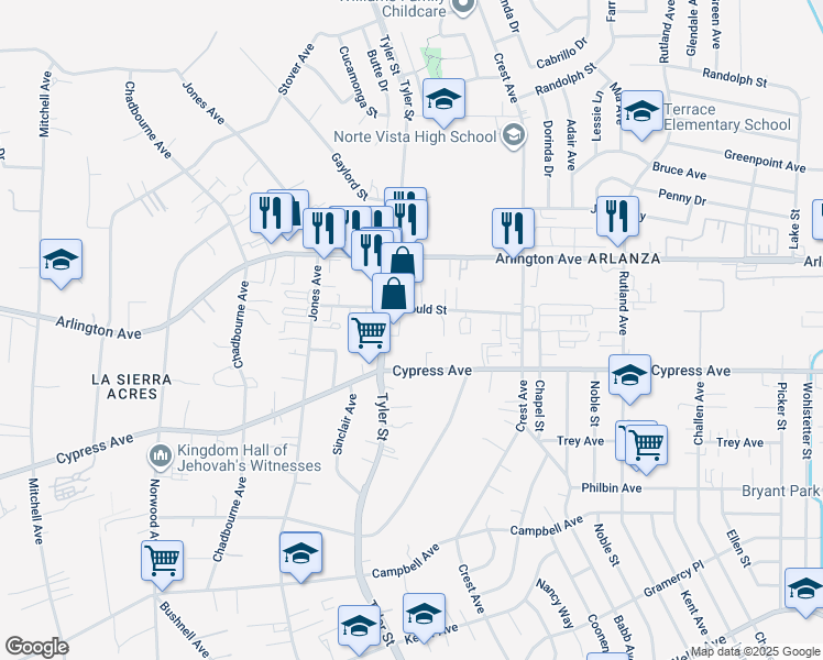 map of restaurants, bars, coffee shops, grocery stores, and more near 6005 Tyler Street in Riverside