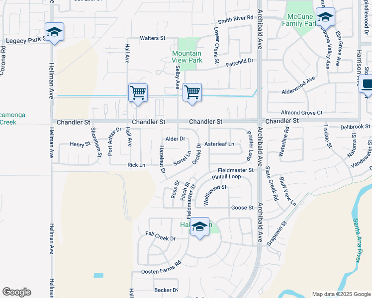 map of restaurants, bars, coffee shops, grocery stores, and more near 7955 Sorrel Lane in Eastvale